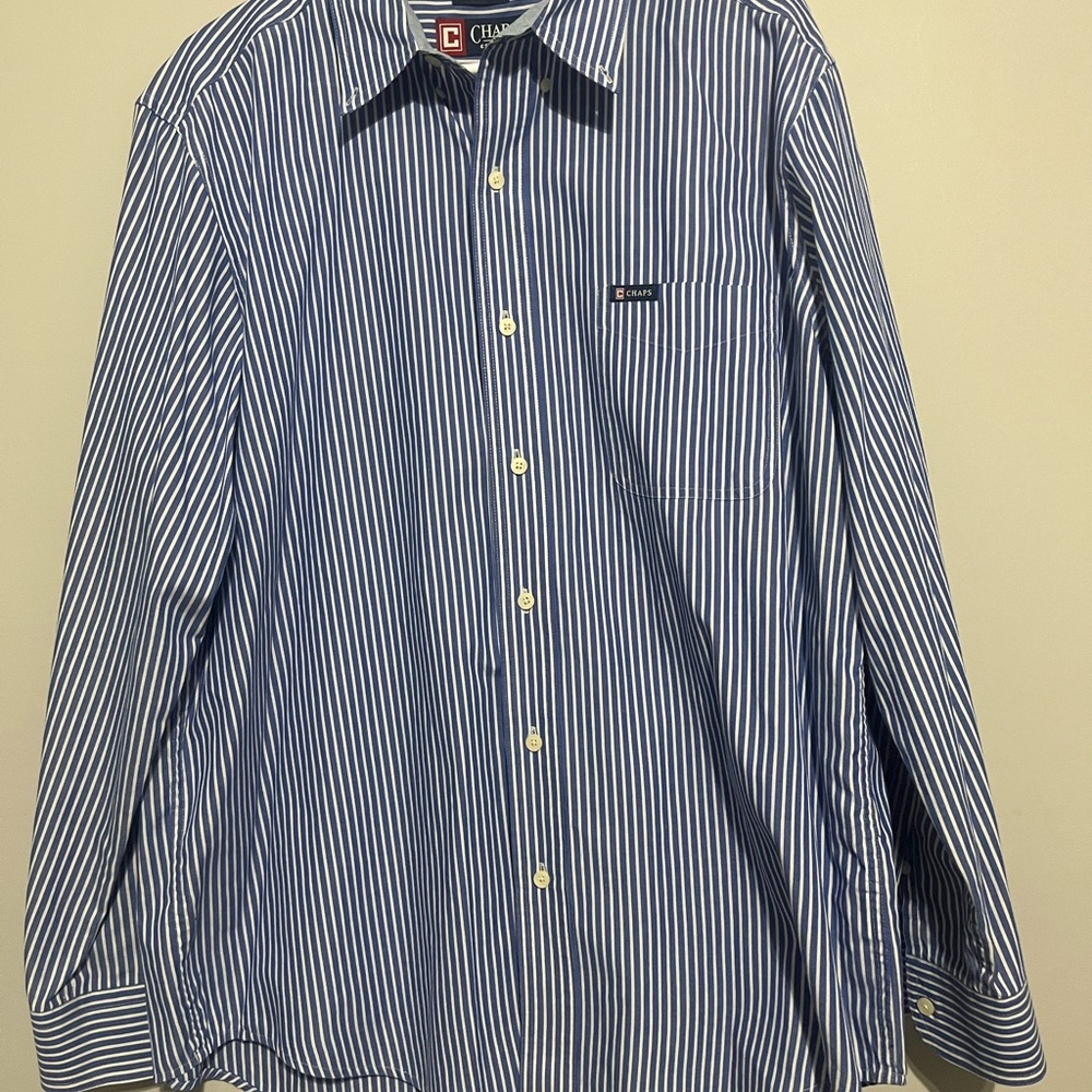 Chaps Size L Men's Button Down Blue Striped Classic Shirt Easy Care Cotton Blend